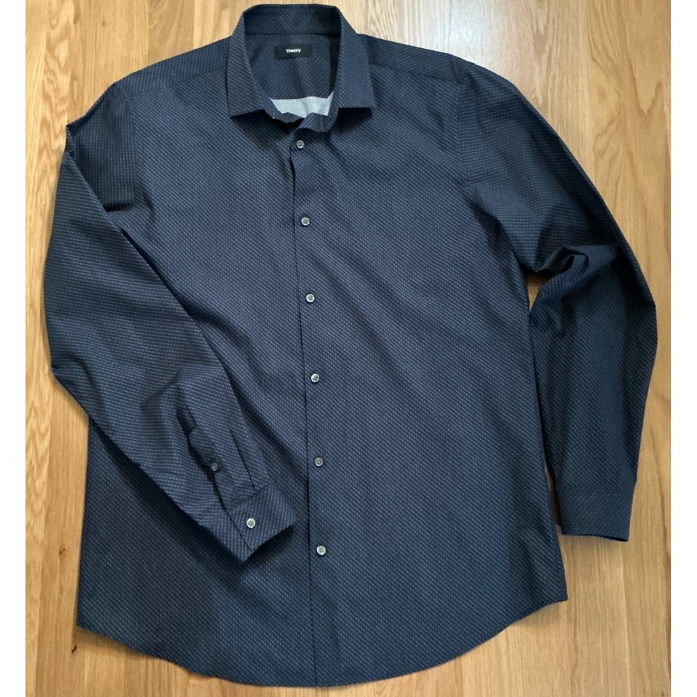 Theory 16.5R Cedrick Navy Diagonal Dot Dress Shirt 100% Cotton‎